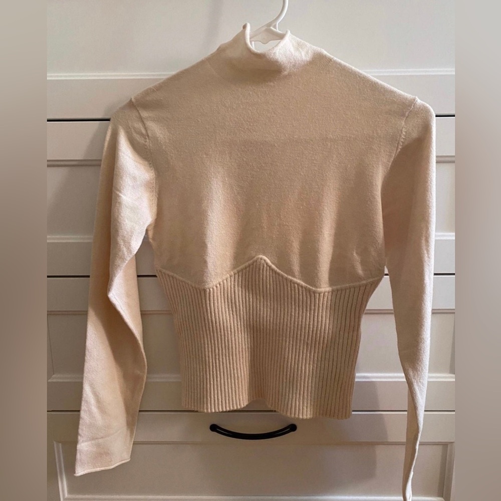 ZARA Cream Ecru Ribbed Corset Style Long Sleeve Sweater Brand New